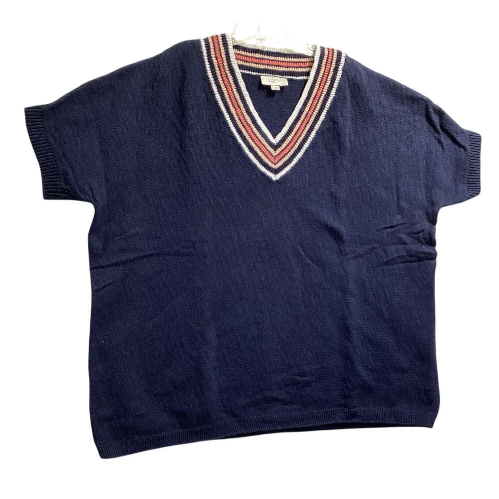 Loft outlet short sleeve sweater multicolor v-neck women’s L navy oversize